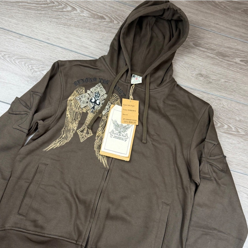 Beyond The Limit Mens Full Zip Hoodie Cross Wing Graphic Brown Small F467